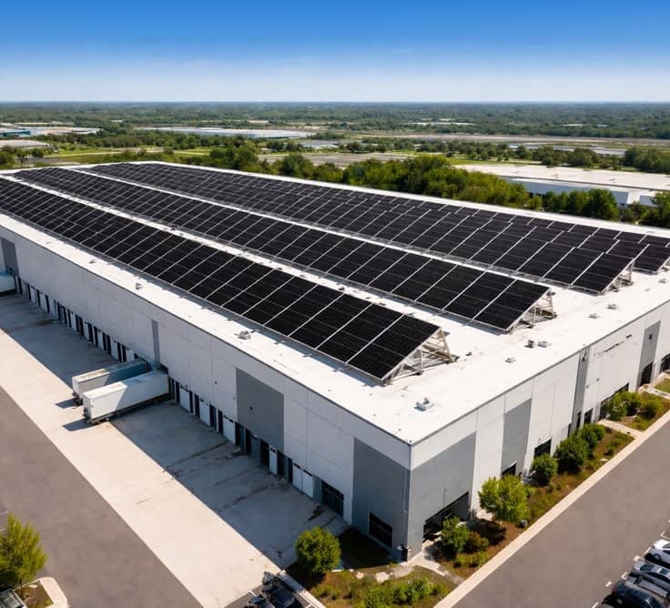 Landwirtschaftlicher Betrieb zwischen Photovoltaikmodulen