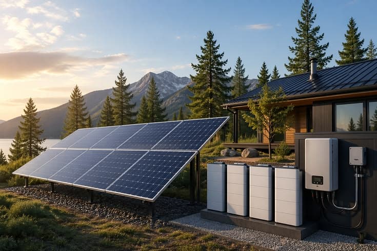 Modulares Photovoltaiksystem neben einem Wohnhaus